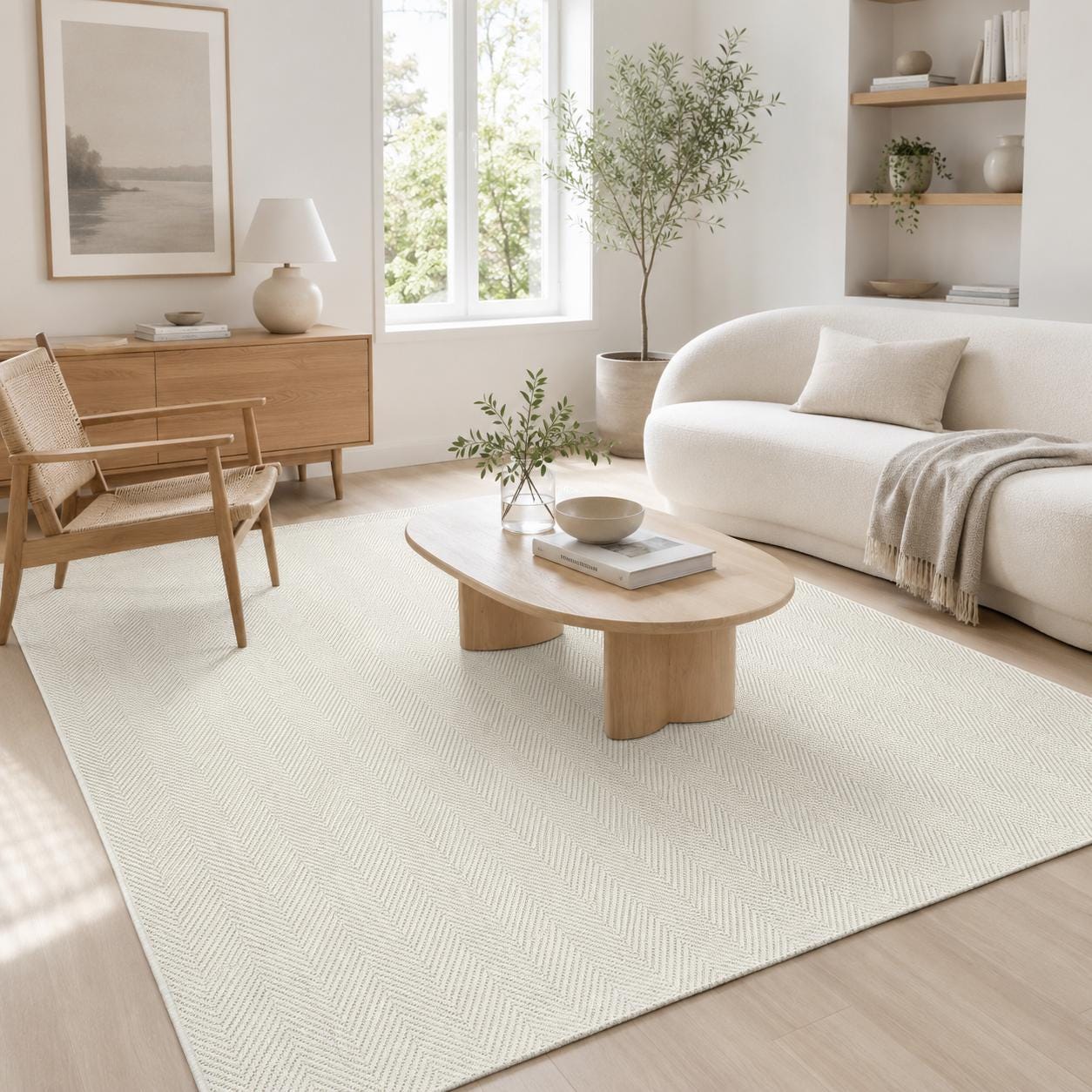 Cream Textured Woven Area Rug, Scandinavian Japandi Living Room Carpet