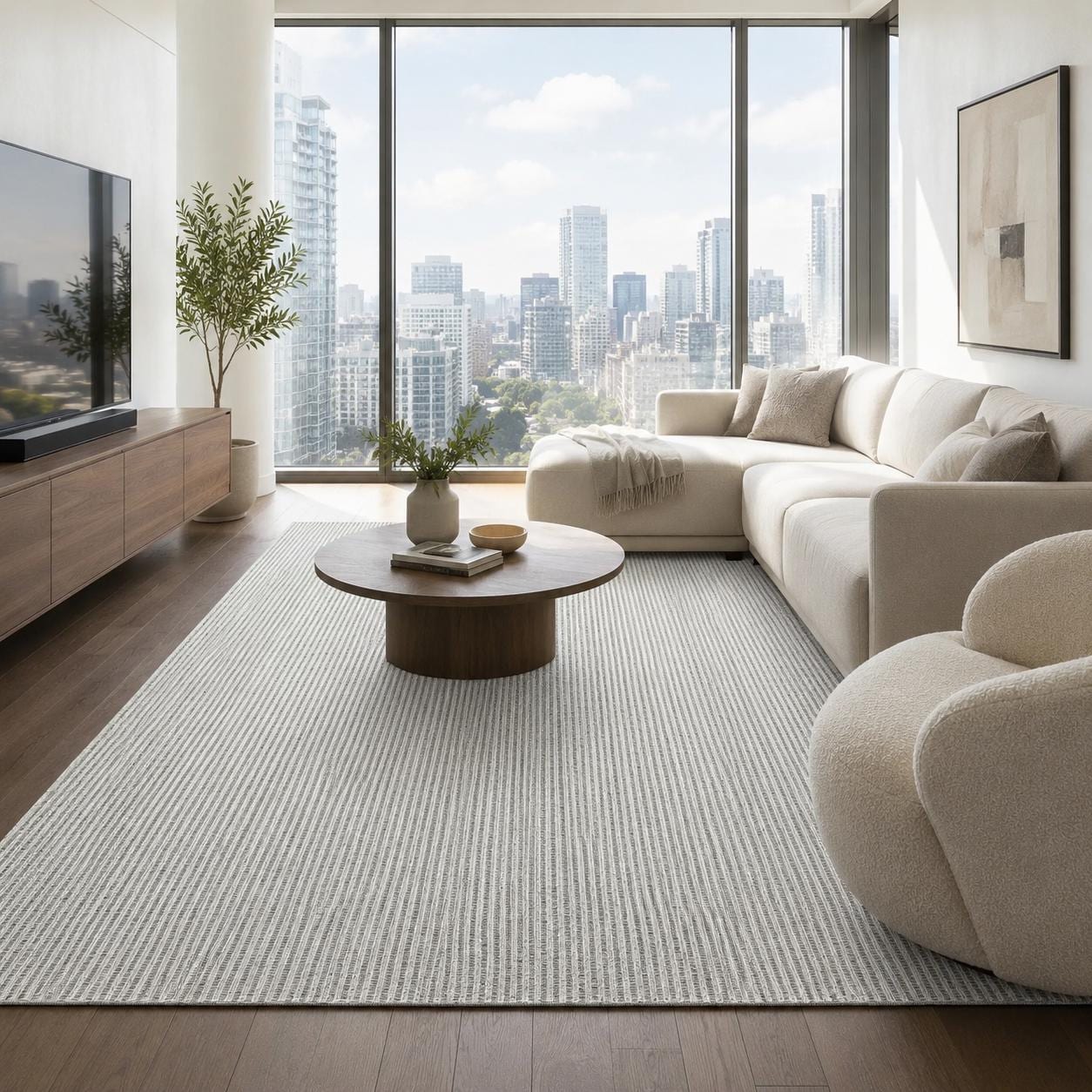 Grey Basket Weave Area Rug, Textured Woven Carpet, Minimalist Scandinavian Living Room
