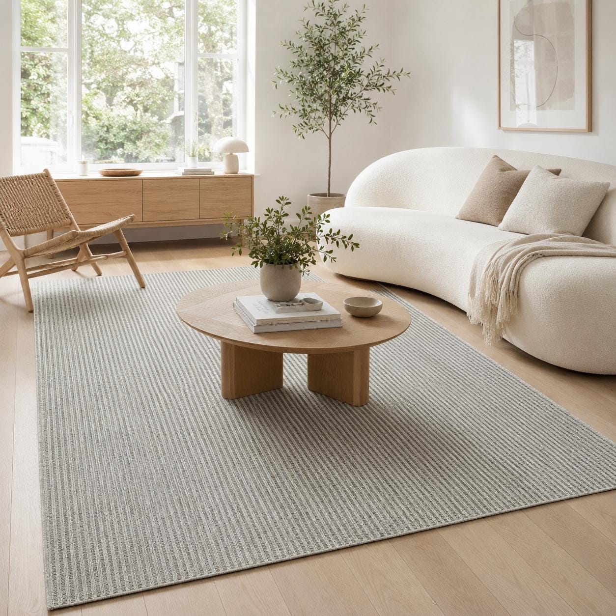 Grey Basket Weave Area Rug, Textured Woven Carpet, Minimalist Scandinavian Living Room