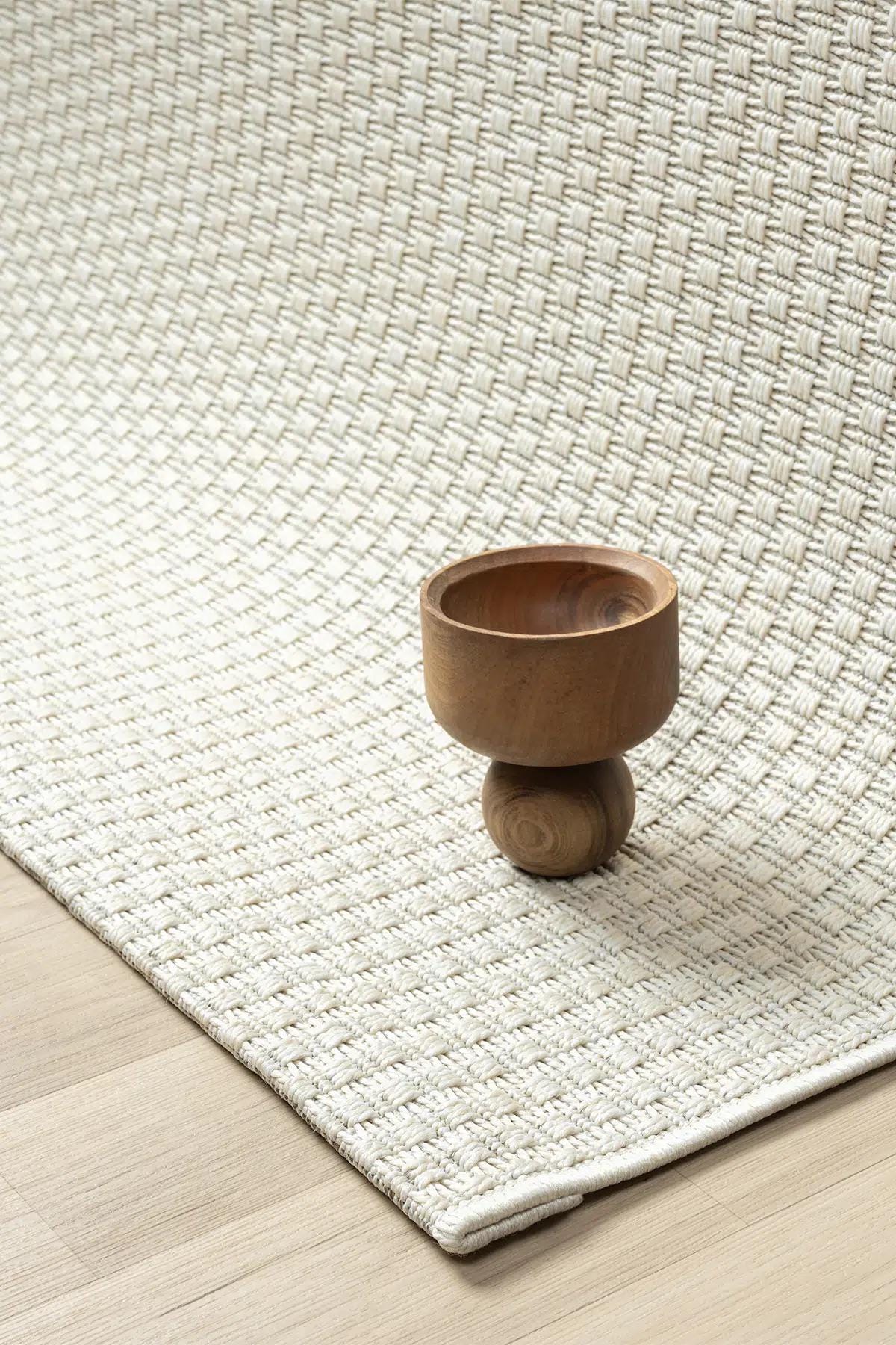 Ivory Basket Weave Area Rug, Textured Flatwoven Carpet, Scandinavian Minimalist Floor Rug