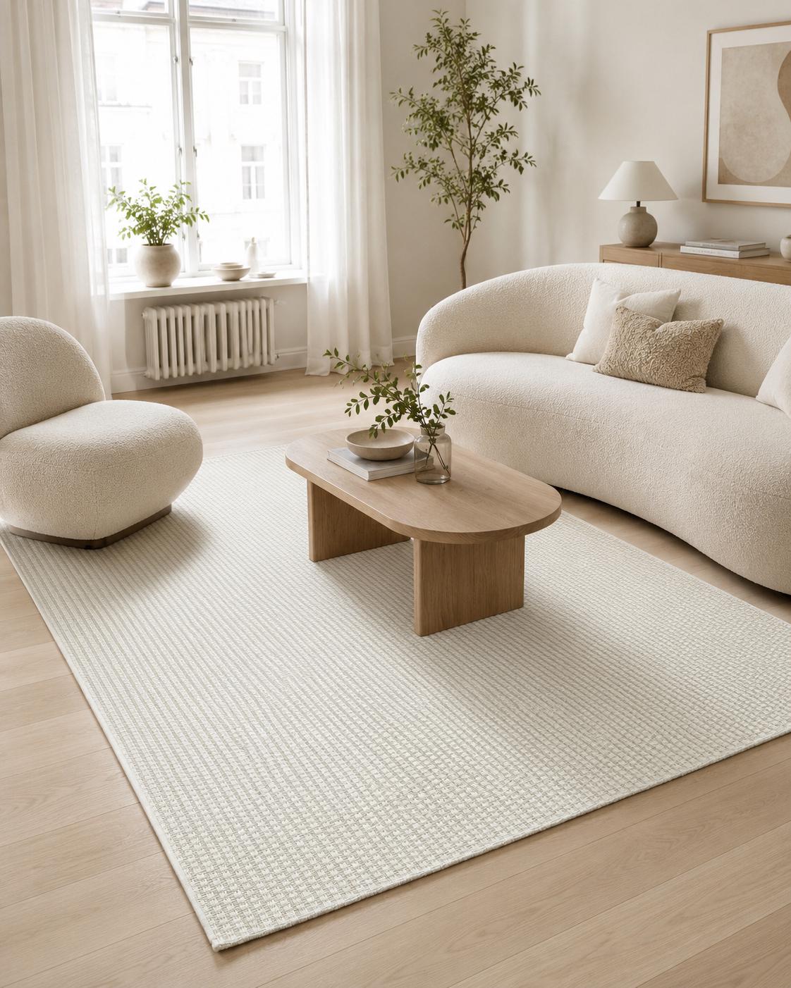 Ivory Basket Weave Area Rug, Textured Flatwoven Carpet, Scandinavian Minimalist Floor Rug