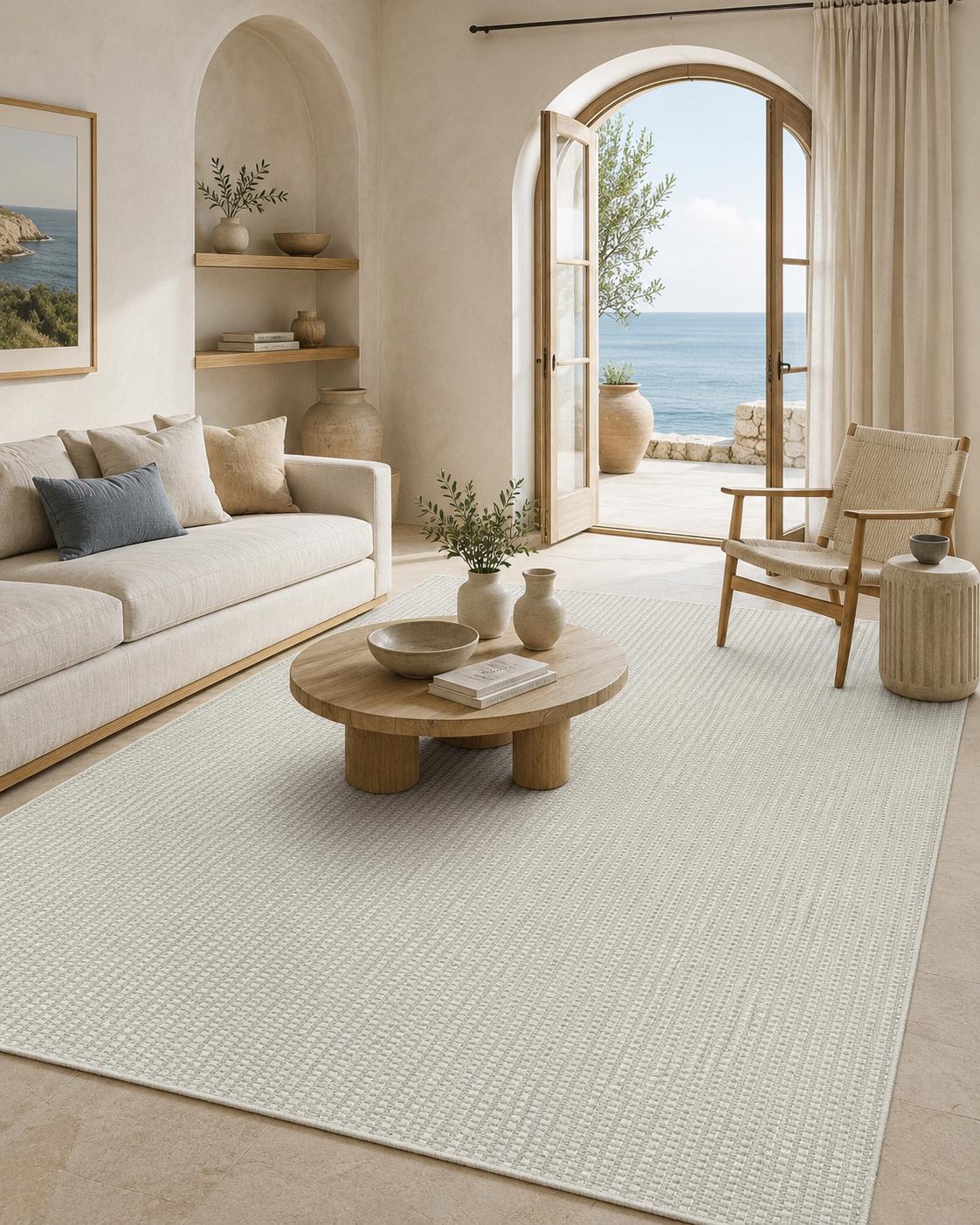 Ivory Basket Weave Area Rug, Textured Flatwoven Carpet, Scandinavian Minimalist Floor Rug