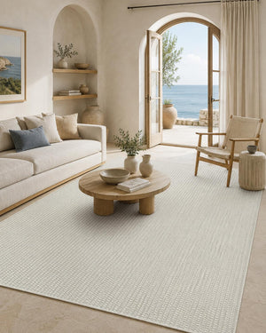 Ivory Basket Weave Area Rug, Textured Flatwoven Carpet, Scandinavian Minimalist Floor Rug
