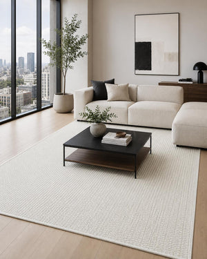 Ivory Basket Weave Area Rug, Textured Flatwoven Carpet, Scandinavian Minimalist Floor Rug