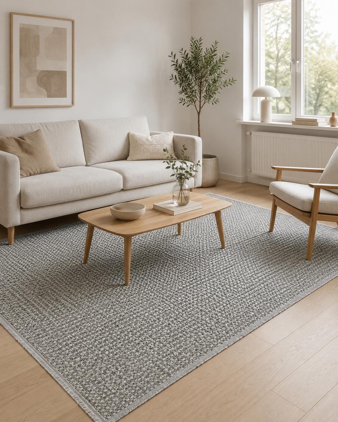 Grey Woven Area Rug, Textured Basketweave Carpet, Scandinavian Japandi Living Room Floor Rug