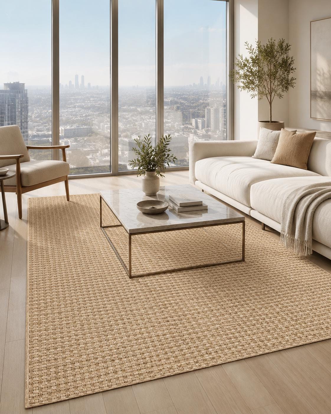 Brown Textured Basket Weave Area Rug, Boho Rustic Scandinavian Floor Carpet