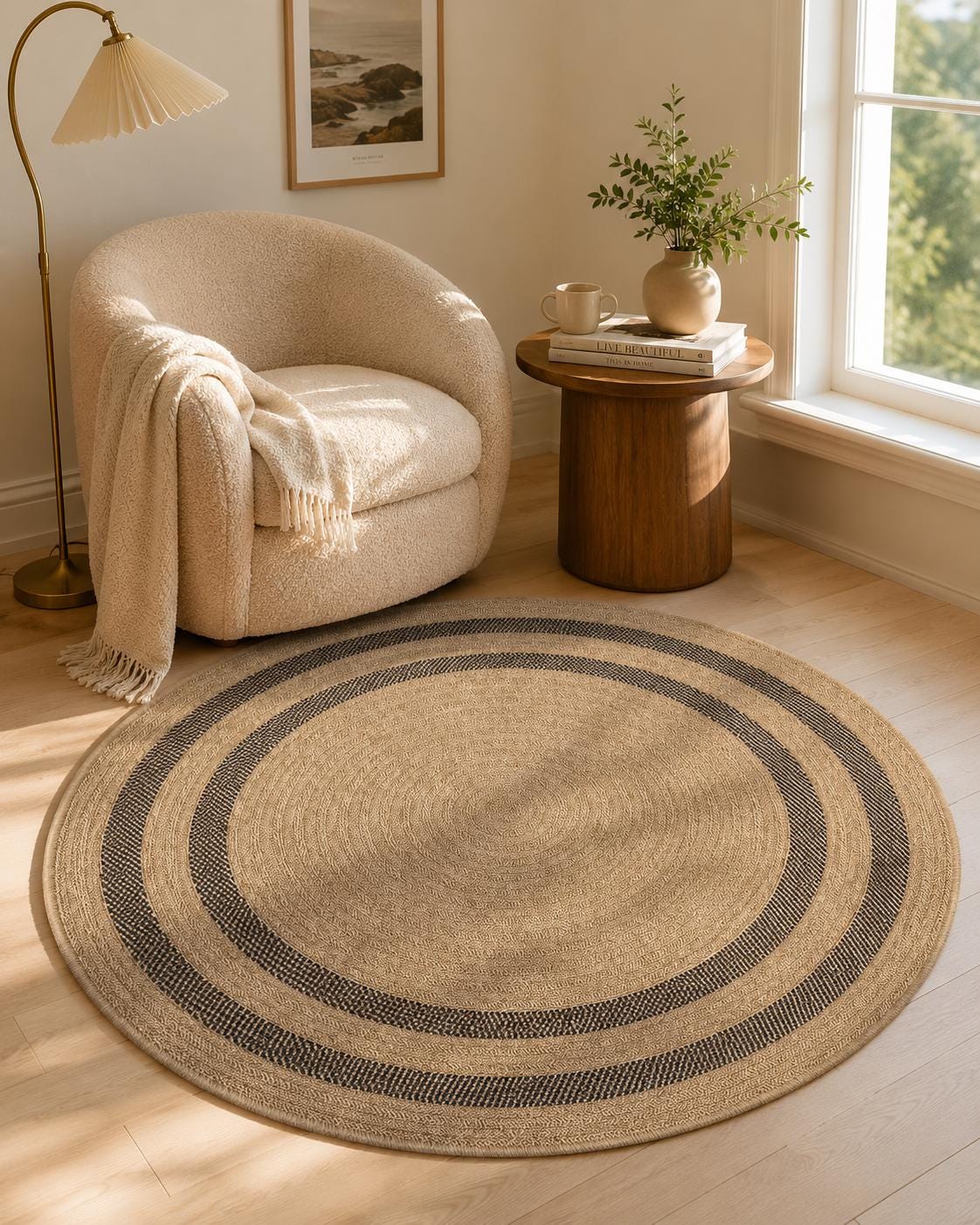 Round Jute-Style Beige Area Rug, Black Stripe Boho Coastal Carpet