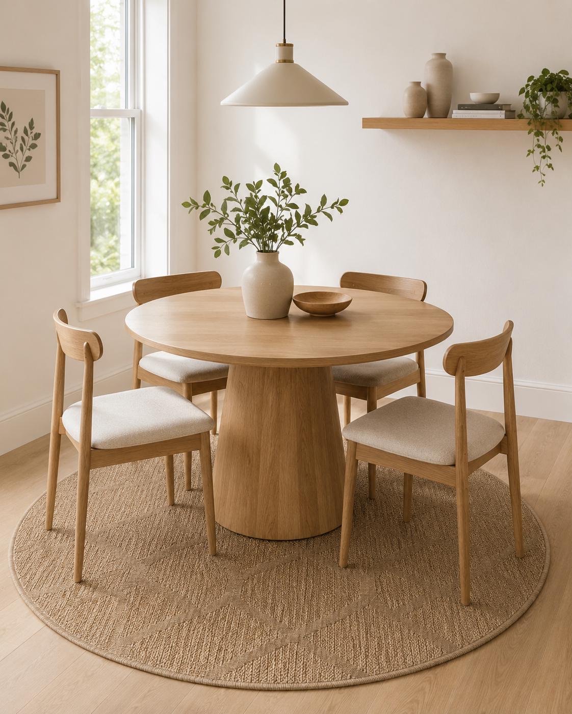 Round Beige Geometric Jute Style Area Rug, Boho Minimalist Living Room Carpet (5.2FT)