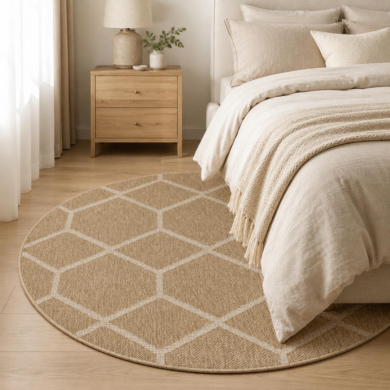 Round Beige Honeycomb Geometric Area Rug, Neutral Living Room Carpet (5.2x5.2 FT)
