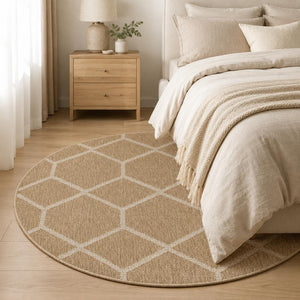 Round Beige Honeycomb Geometric Area Rug, Neutral Living Room Carpet (5.2x5.2 FT)
