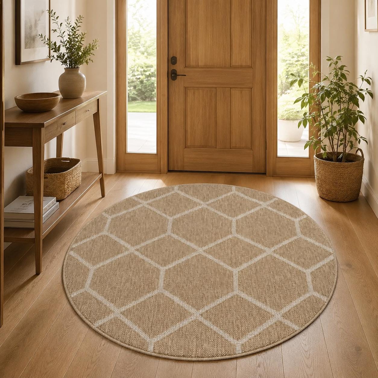 Round Beige Honeycomb Geometric Area Rug, Neutral Living Room Carpet (5.2x5.2 FT)