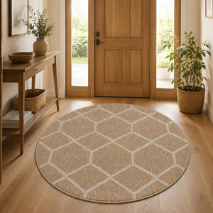Round Beige Honeycomb Geometric Area Rug, Neutral Living Room Carpet (5.2x5.2 FT)