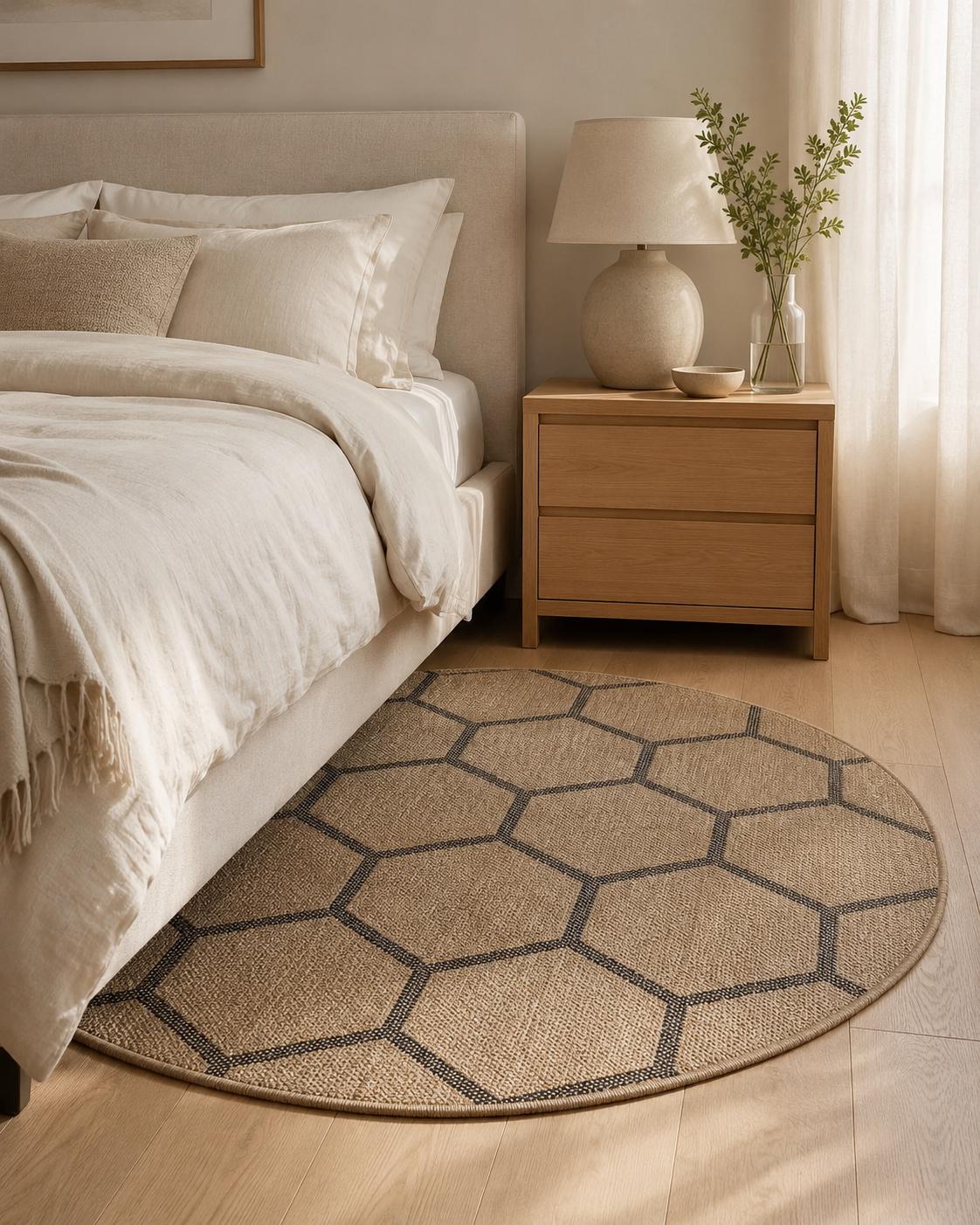 Round Beige Black Geometric Honeycomb Rug, Modern Boho Living Room Carpet (5.2x5.2FT)