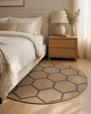 Round Beige Black Geometric Honeycomb Rug, Modern Boho Living Room Carpet (5.2x5.2FT)
