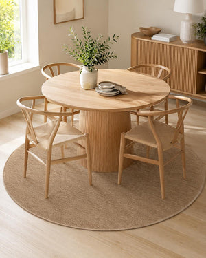 Round Beige Area Rug, Plain Neutral Minimalist Carpet, Soft Modern Bedroom Rug (5.2x5.2 FT)