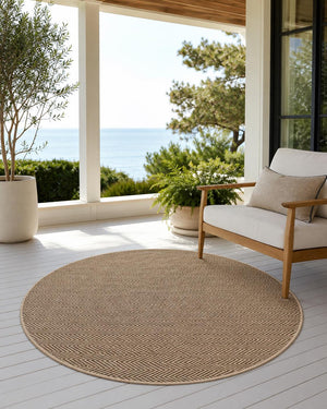 Round Herringbone Area Rug, Natural Woven Boho Carpet, Scandinavian Bedroom Accent (5.2 FT)