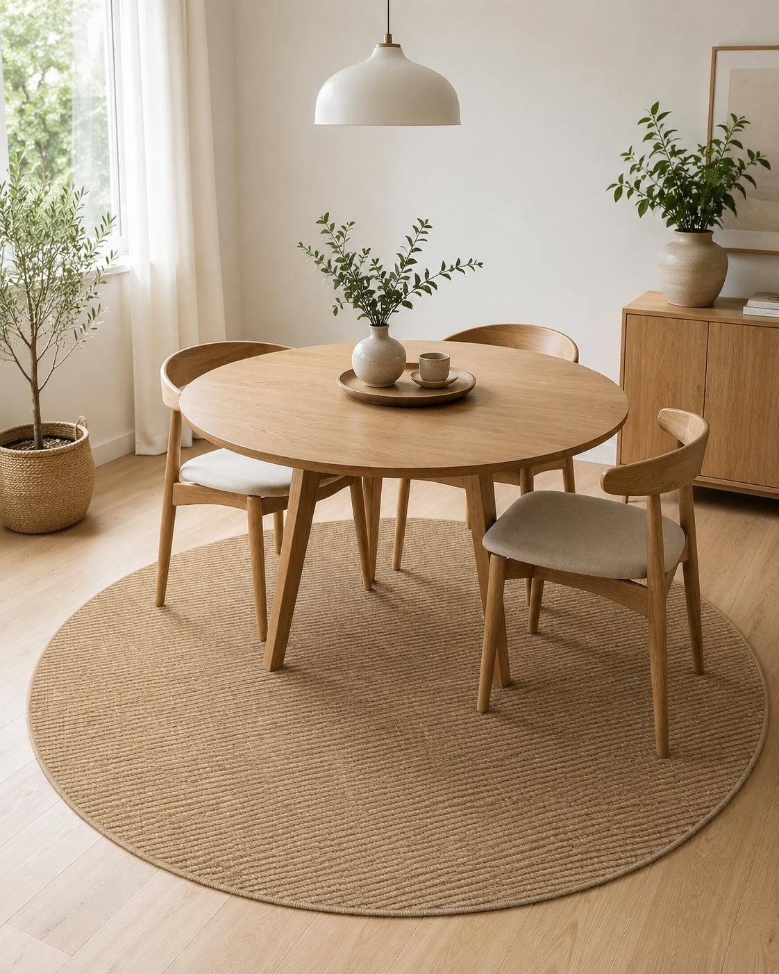 Round Jute-Style Beige Area Rug, Minimalist Woven Living Room Carpet (5.2x5.2FT)