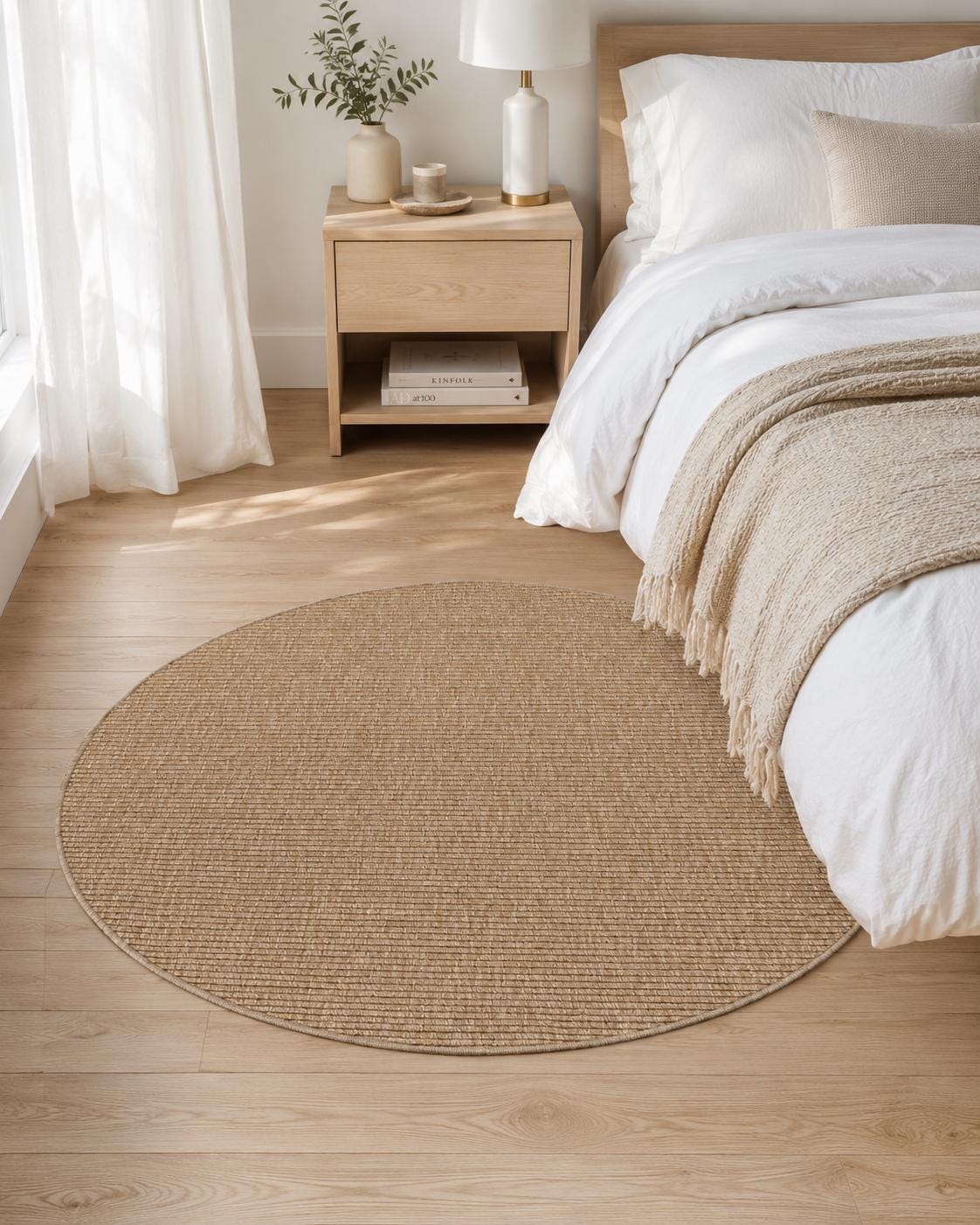 Round Jute-Style Beige Area Rug, Minimalist Woven Living Room Carpet (5.2x5.2FT)