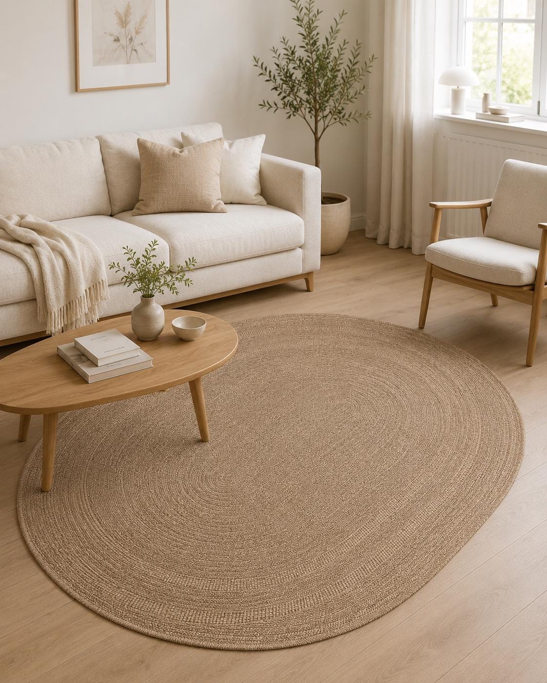 Oval Textured Jute-Style Area Rug, Boho Scandinavian Living Room Carpet