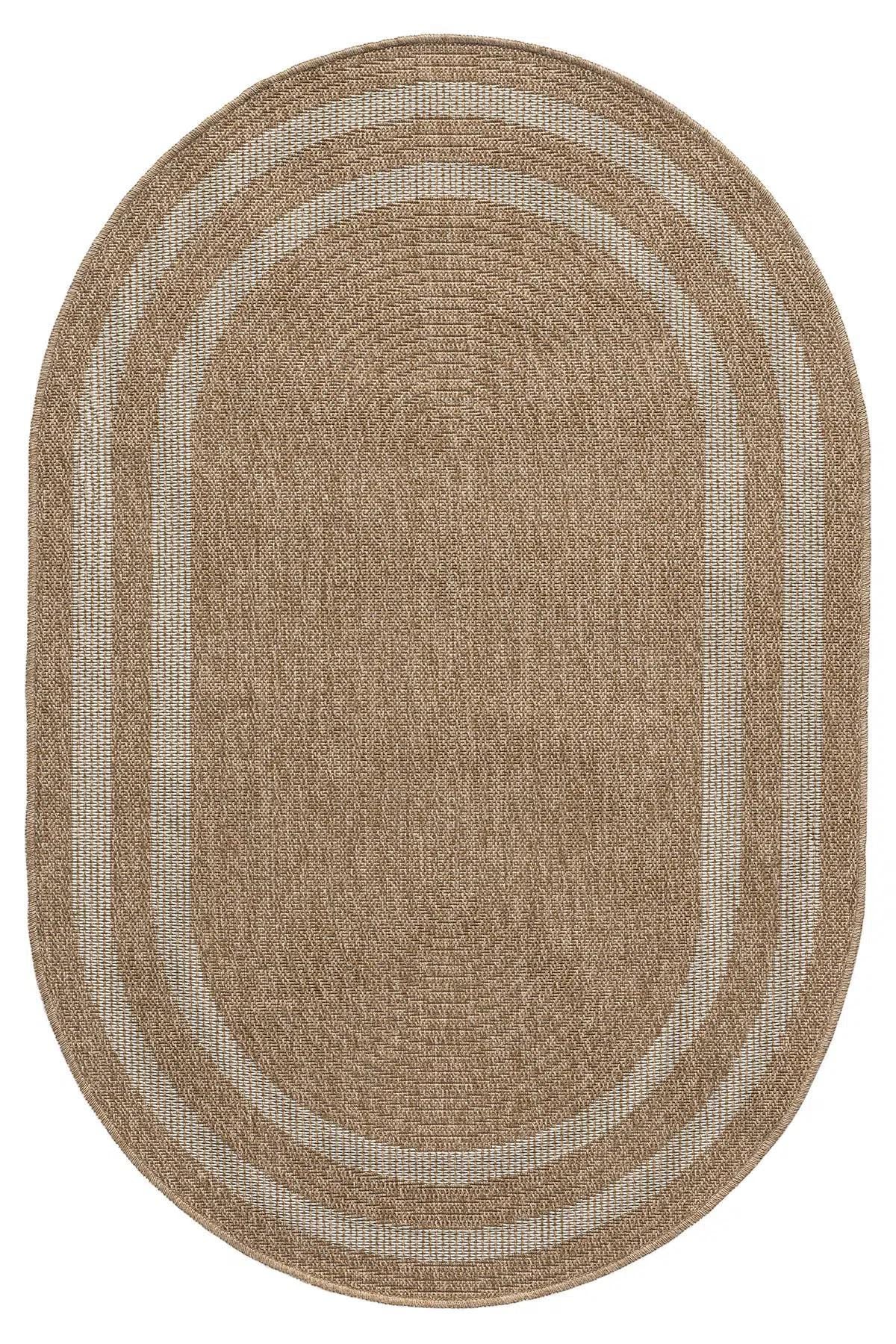 Oval Woven Jute-Style Area Rug, Beige Ivory Border, Boho Scandinavian Living Room Carpet