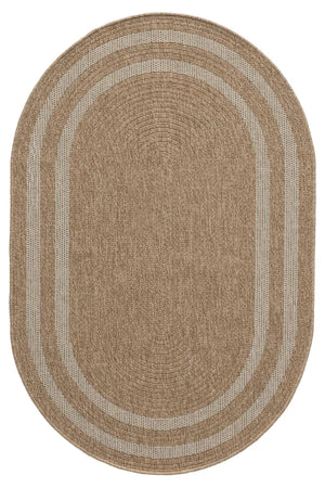 Oval Woven Jute-Style Area Rug, Beige Ivory Border, Boho Scandinavian Living Room Carpet