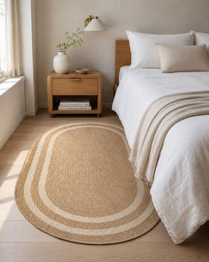 Oval Woven Jute-Style Area Rug, Beige Ivory Border, Boho Scandinavian Living Room Carpet