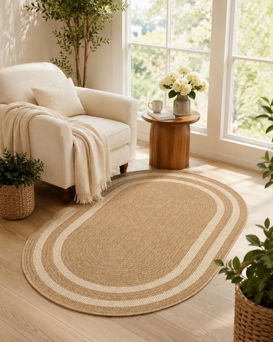 Oval Woven Jute-Style Area Rug, Beige Ivory Border, Boho Scandinavian Living Room Carpet