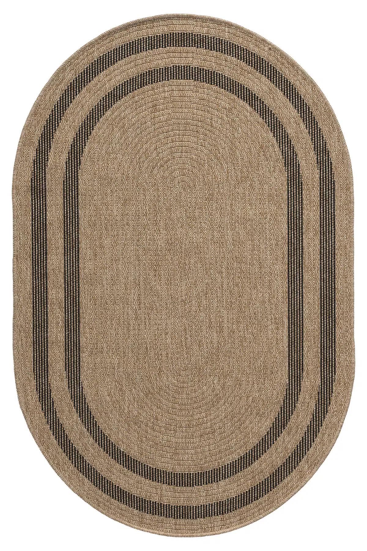 Oval Beige Black Border Rug, Natural Woven Jute Style Carpet, Boho Scandinavian Floor Rug