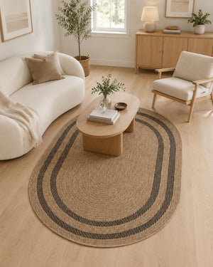 Oval Beige Black Border Rug, Natural Woven Jute Style Carpet, Boho Scandinavian Floor Rug