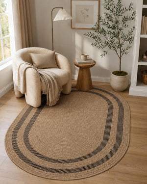 Oval Beige Black Border Rug, Natural Woven Jute Style Carpet, Boho Scandinavian Floor Rug