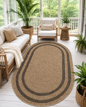 Oval Beige Black Border Rug, Natural Woven Jute Style Carpet, Boho Scandinavian Floor Rug