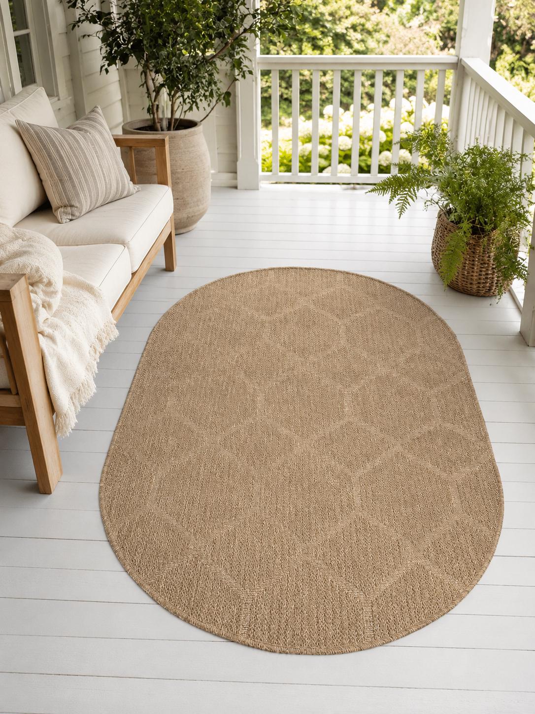 Oval Beige Geometric Area Rug, Textured Woven Jute Style Carpet, Boho Scandinavian Bedroom Rug