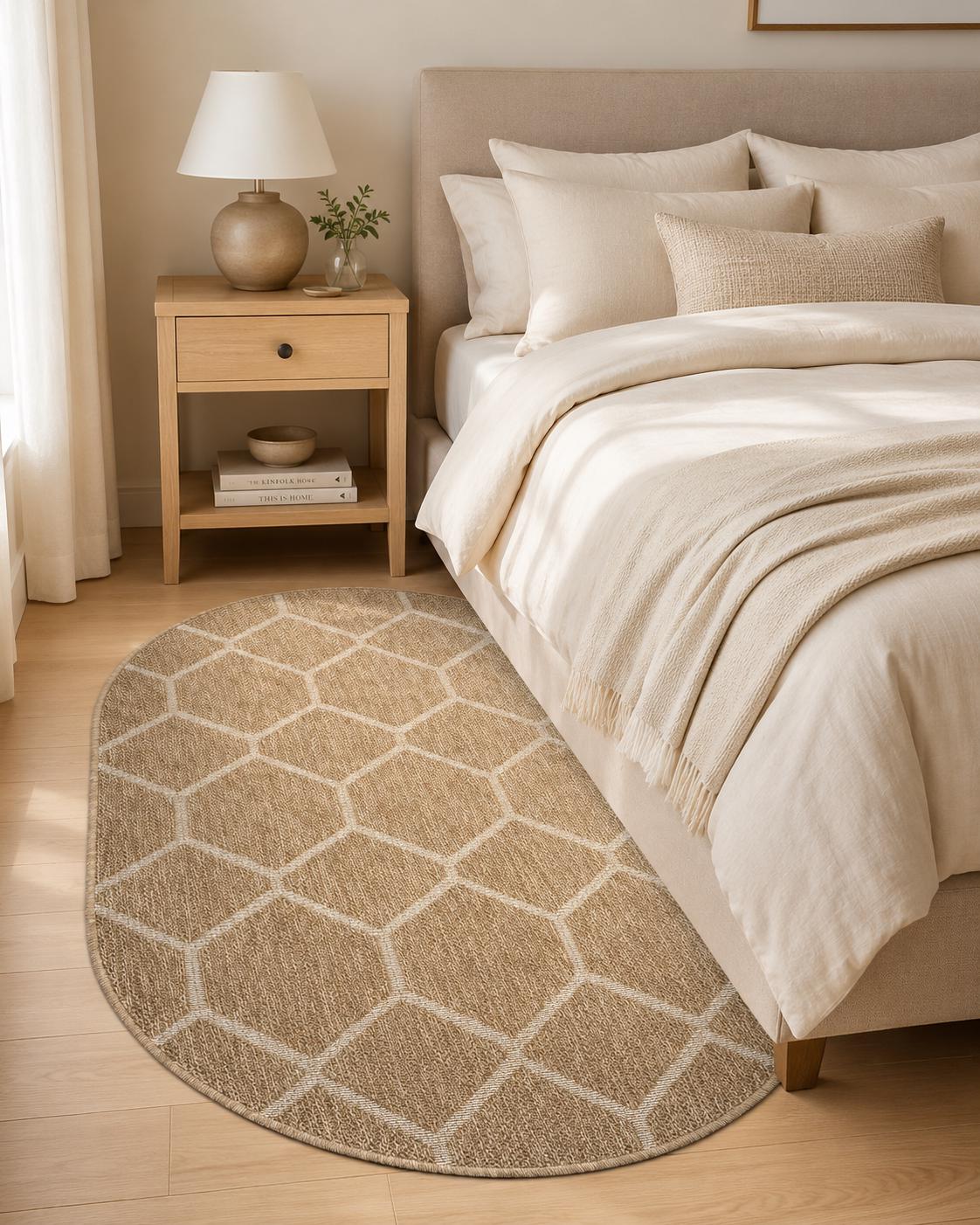 Oval Geometric Woven Area Rug, Neutral Boho Scandinavian Carpet