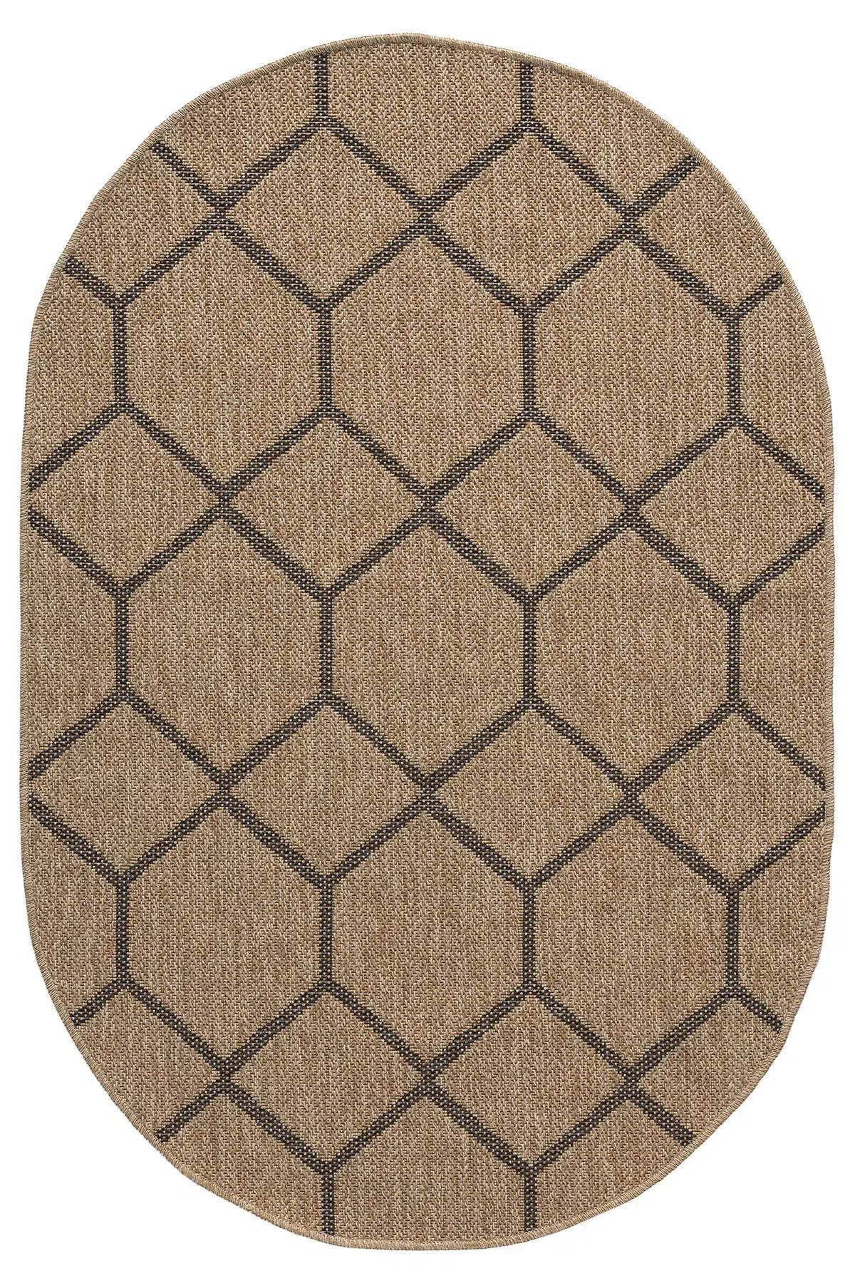 Oval Honeycomb Geometric Rug, Beige Black Woven Living Room Carpet, Boho Scandinavian Entryway Rug
