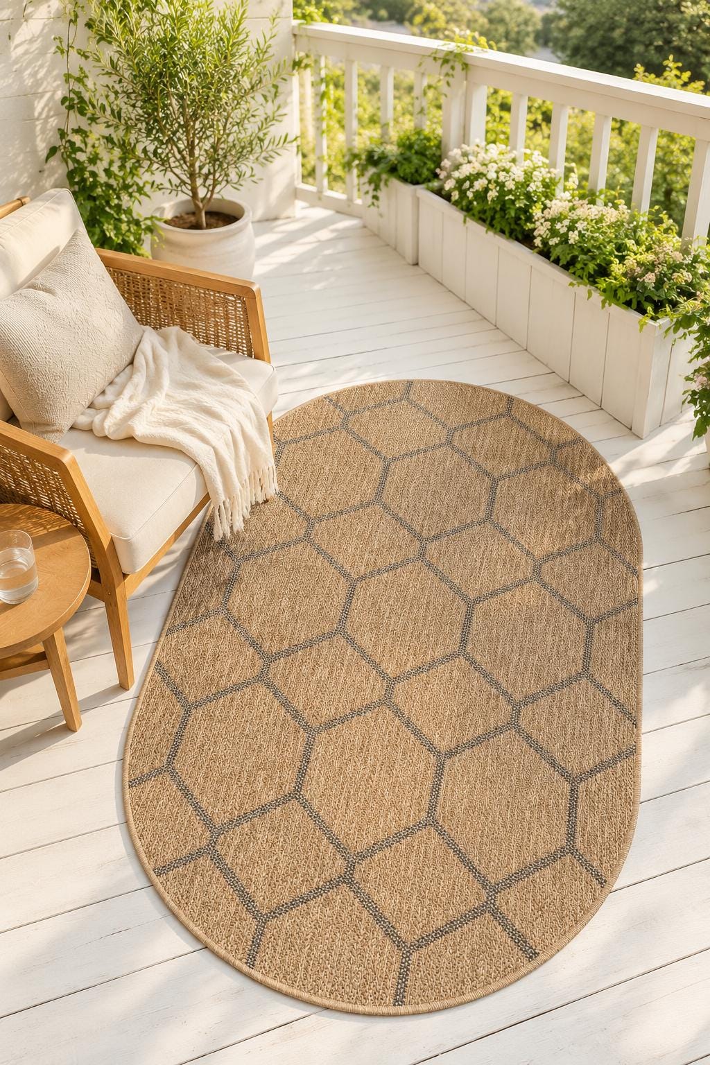 Oval Honeycomb Geometric Rug, Beige Black Woven Living Room Carpet, Boho Scandinavian Entryway Rug