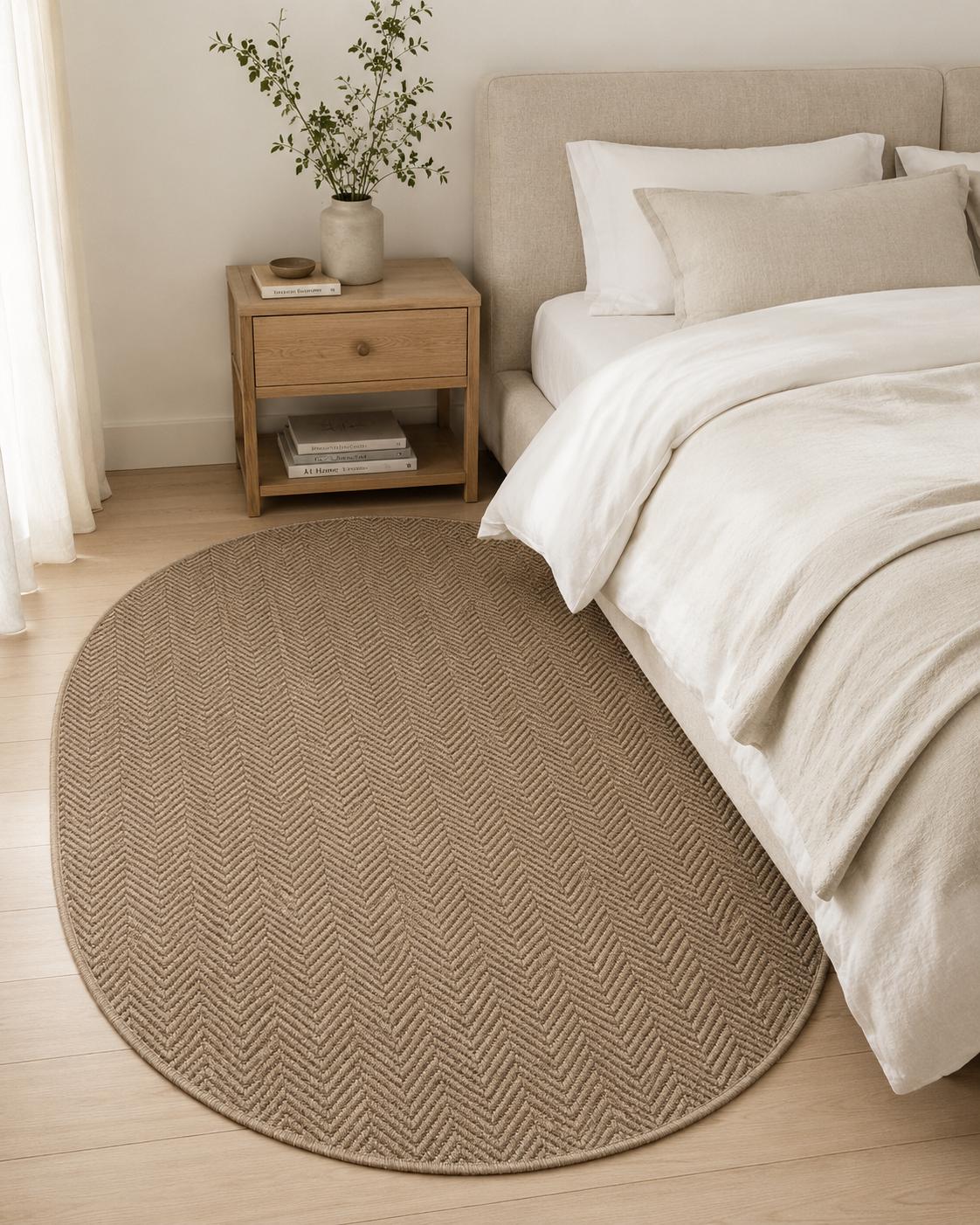 Brown Oval Herringbone Rug, Natural Woven Farmhouse Carpet, Minimalist Living Room Bedroom
