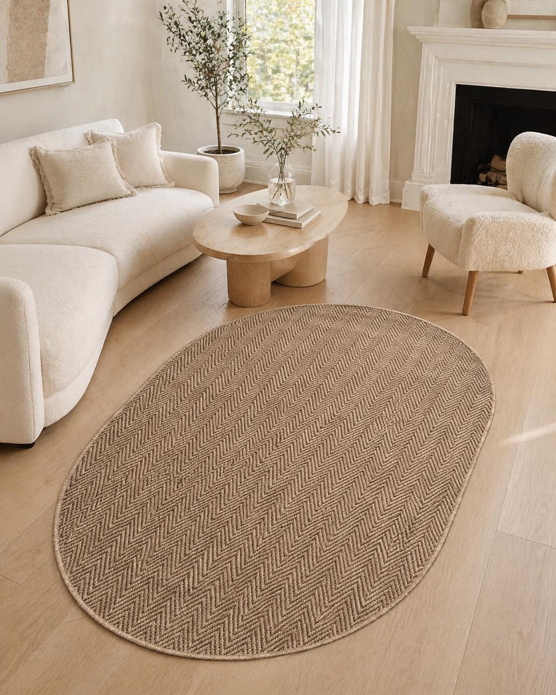 Brown Oval Herringbone Rug, Natural Woven Farmhouse Carpet, Minimalist Living Room Bedroom