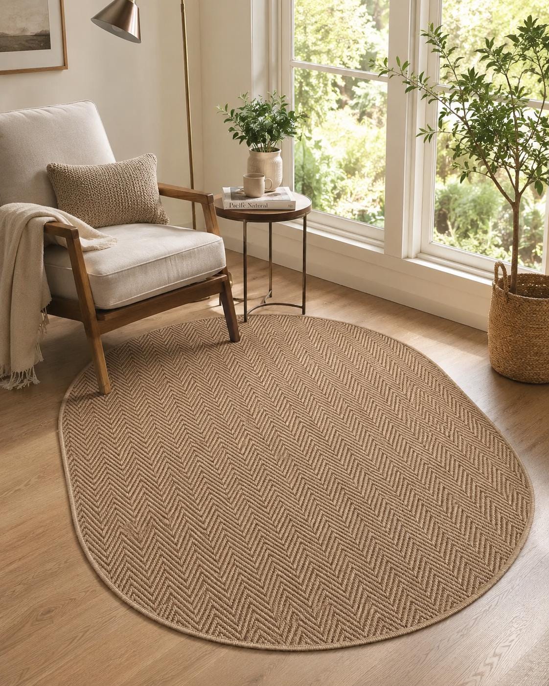 Brown Oval Herringbone Rug, Natural Woven Farmhouse Carpet, Minimalist Living Room Bedroom