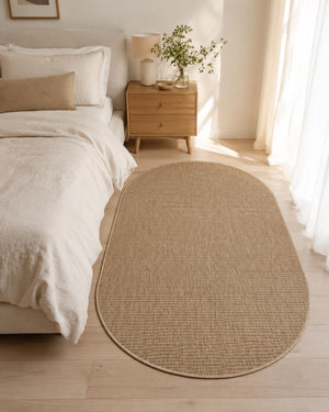 Beige Oval Area Rug, Ribbed Textured Carpet, Minimalist Scandinavian Japandi Floor Rug