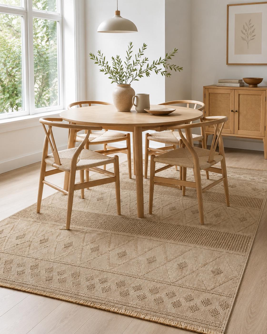 Beige Geometric Area Rug, Textured Boho Scandinavian Living Room Carpet