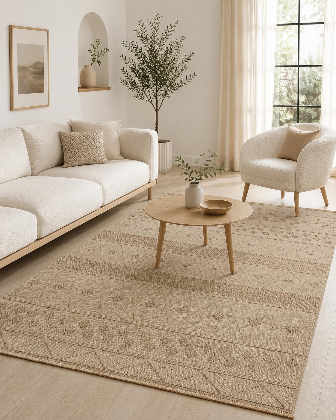Beige Geometric Area Rug, Textured Boho Scandinavian Living Room Carpet