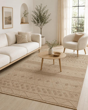 Beige Geometric Area Rug, Textured Boho Scandinavian Living Room Carpet