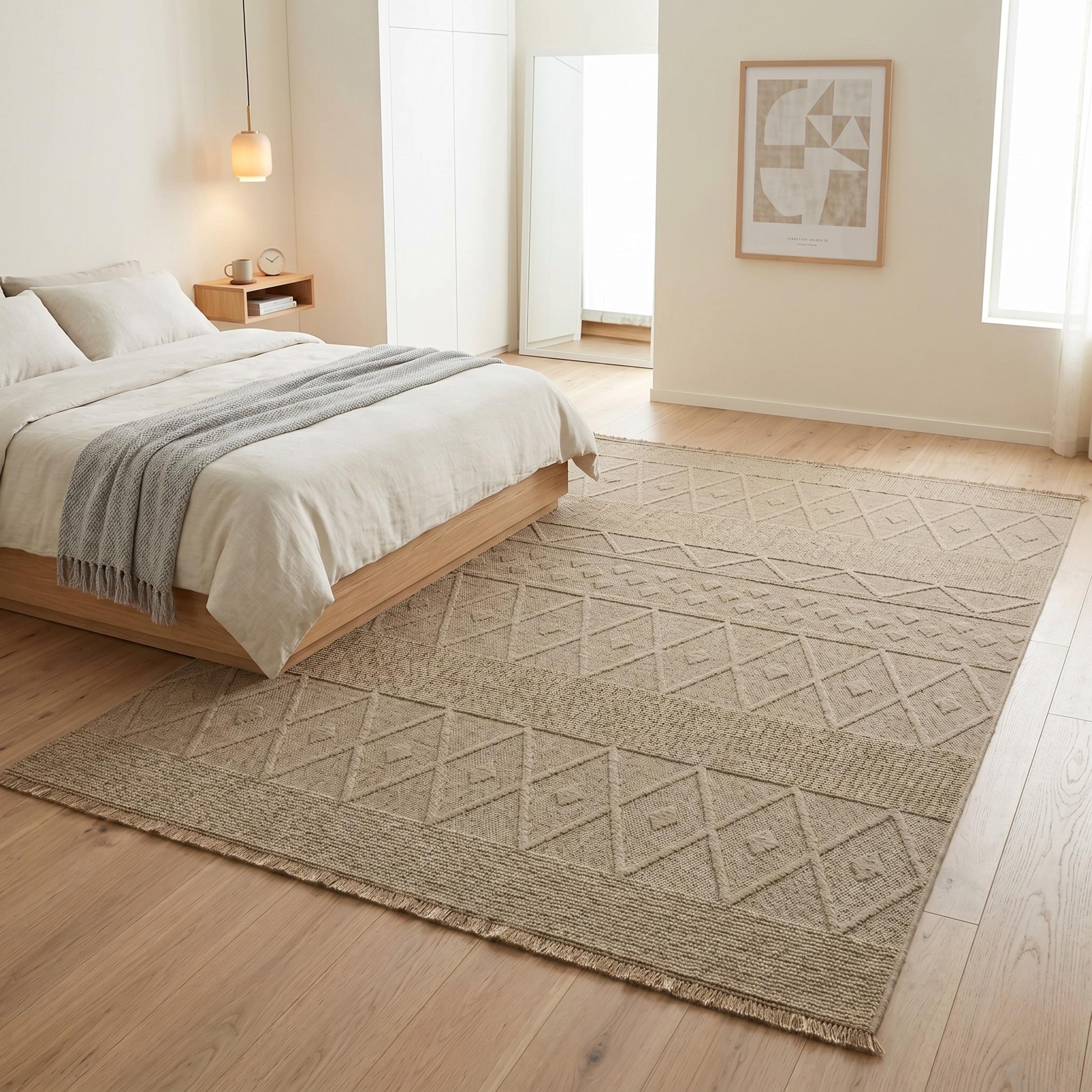 Beige Geometric Textured Area Rug, Boho Scandinavian Living Room Carpet