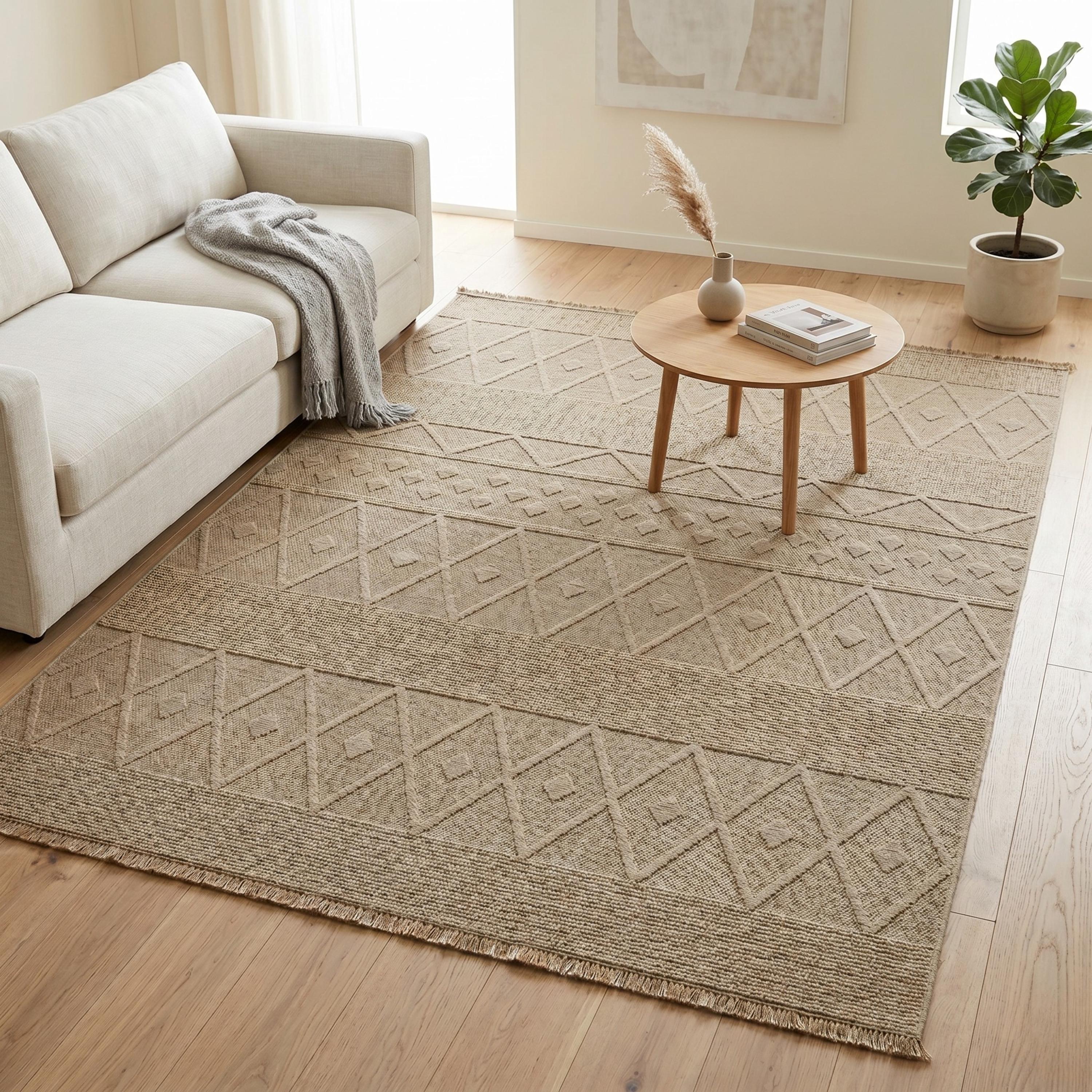Beige Geometric Textured Area Rug, Boho Scandinavian Living Room Carpet