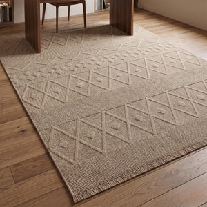 Beige Geometric Textured Area Rug, Boho Scandinavian Living Room Carpet