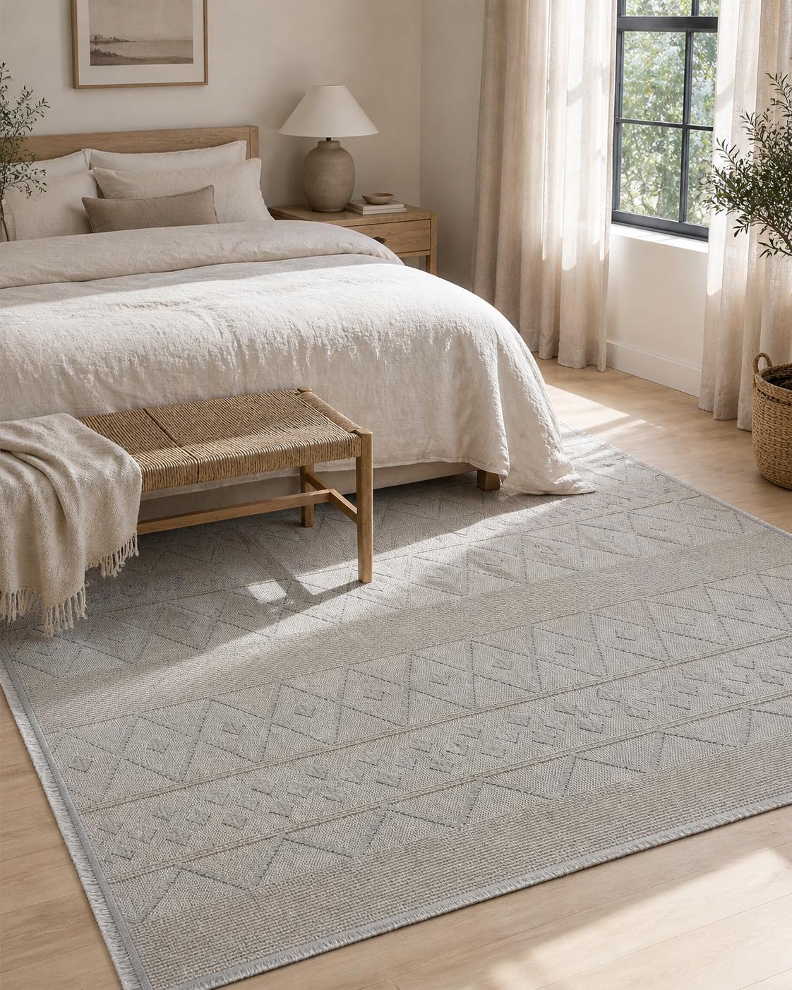 Light Gray Geometric Textured Area Rug, Boho Scandinavian Living Room Carpet