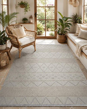 Light Gray Geometric Textured Area Rug, Boho Scandinavian Living Room Carpet