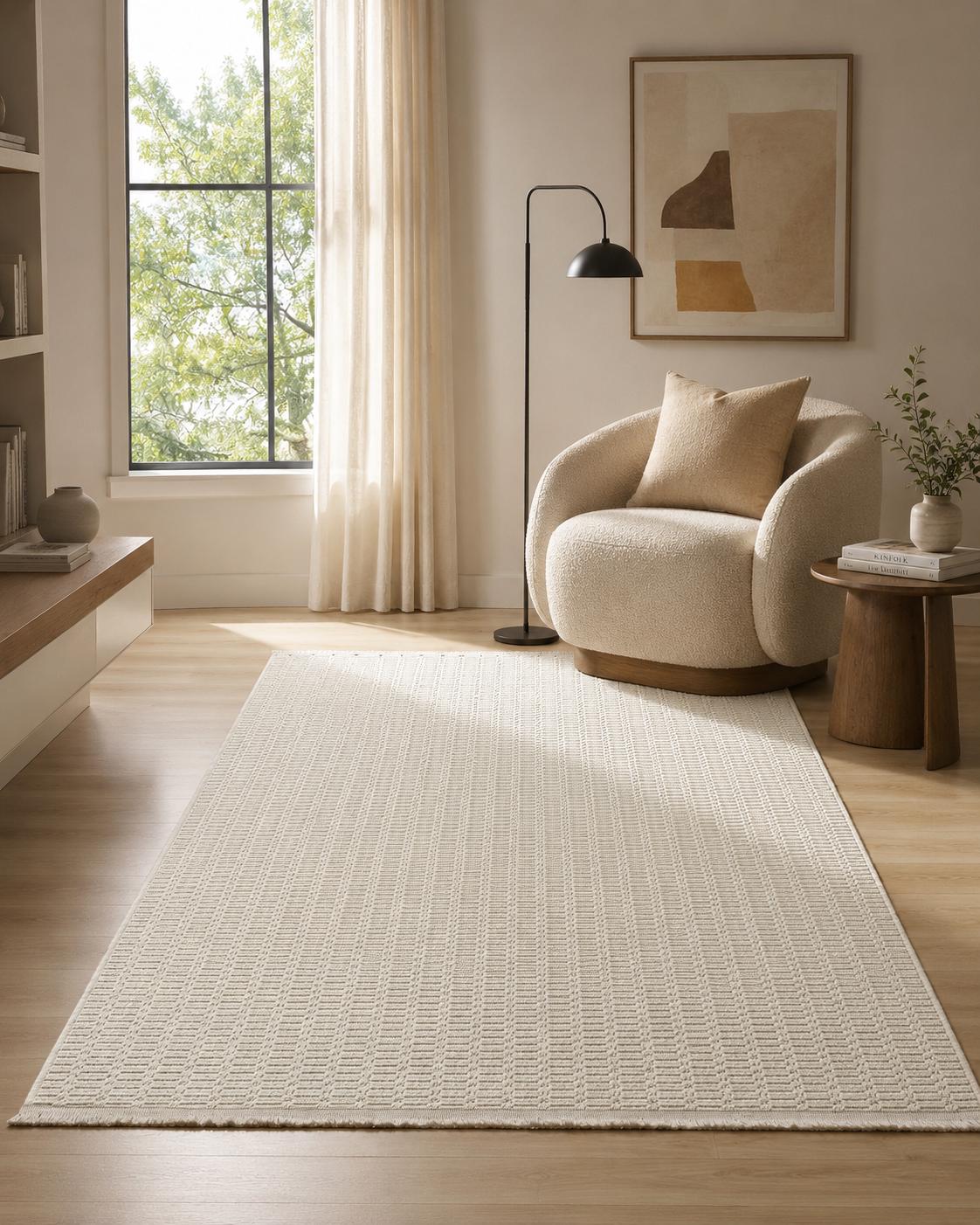 Cream Woven Area Rug, Textured Neutral Minimalist Scandinavian Floor Rug