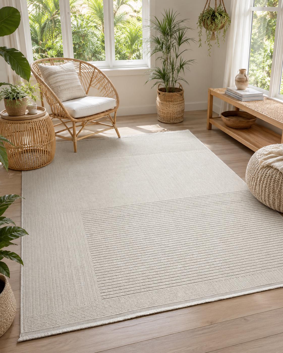 Ivory Striped Textured Area Rug, Neutral Scandinavian Modern Farmhouse Floor Runner