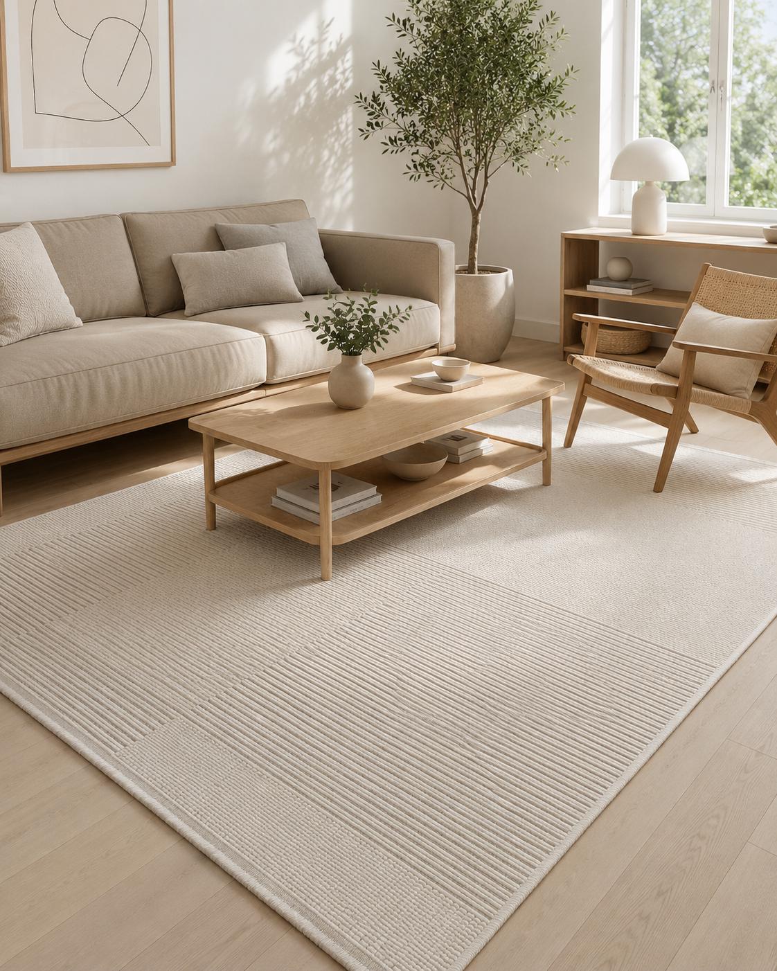 Ivory Striped Textured Area Rug, Neutral Scandinavian Modern Farmhouse Floor Runner